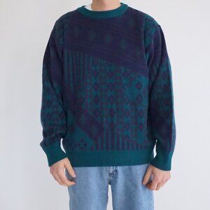 Vintage Sir William Teal Navy Textured Knit Retro Eclectic Grandpa Sweater XL